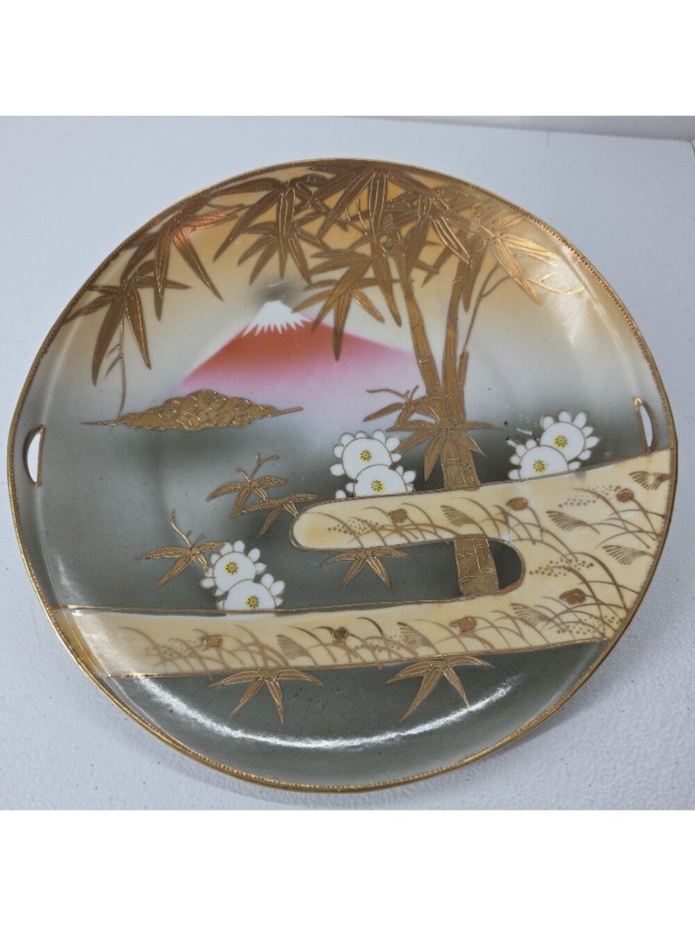 Vtg Mount Fuji Porcelain Hand Painted Plate Gold Bamboo Flowers 9.75" Textured